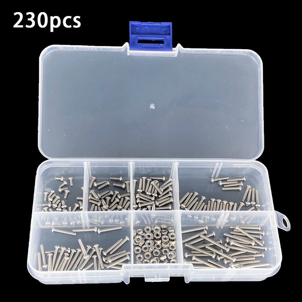 

230pcs M2 Screws Nuts Bolts 304 Stainless Steel Hex Socket Button Head cap screw set Assortment Kit small screws Kit Storage Box