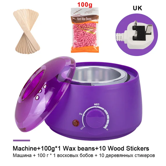 Hair Removal Wax-melt Machine Heater 200ml Wax Beans 10 Wood Stickers Hair Removal Machine Waxing Kit Calentador de cera Set 1 Purple UK plug