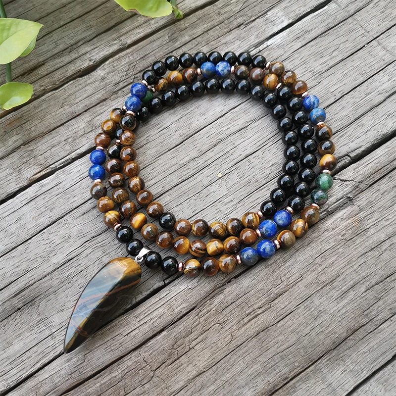 8mm Natural Stone Beads Lapis Tigers Eye Healing JapaMala Sets Spiritual Jewelry Meditation Mala Inspirational 108 Mala Beads mala necklace