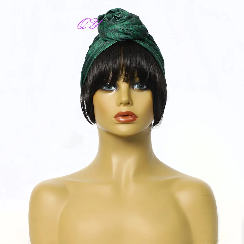 

QY Turban Caps Wig For Women New Style Wig Ombre Green Turban Linked Straight Bangs Synthetic Wig For Women Daily Use