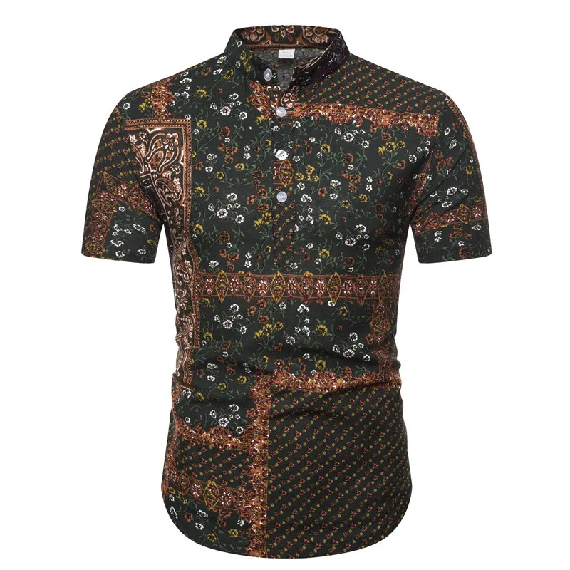 EBay AliExpress Amazon новая стильная Летняя мужская рубашка с короткими рукавами рубашка с воротником-стойкой и принтом PL09