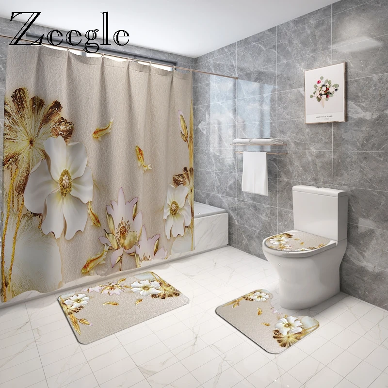 Traditional Style Floral Bath Mat and Shower Curtain Set Flannel Toilet Floor Carpet Bathroom Mat Set Absorbent Shower Foot Mat