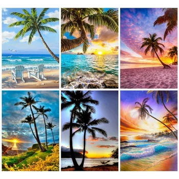 

Huacan Diamond Painting Kit Beach Scenery Diamond Art Mosaic Coconut Tree Landscape Farmhouse Home Decor