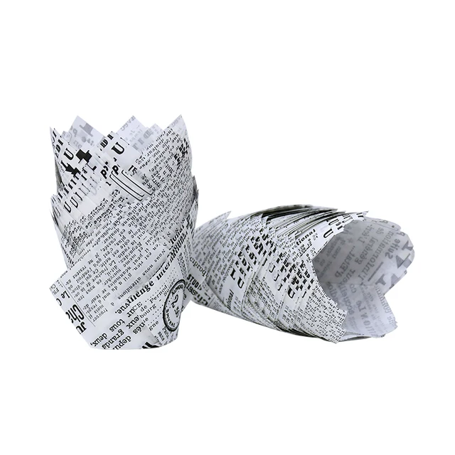 50pcs Newspaper Style Cupcake Liner Baking Cup For Wedding Party Caissettes Tulip Muffin Cupcake Paper Cup Oilproof Cake Wrapper B01