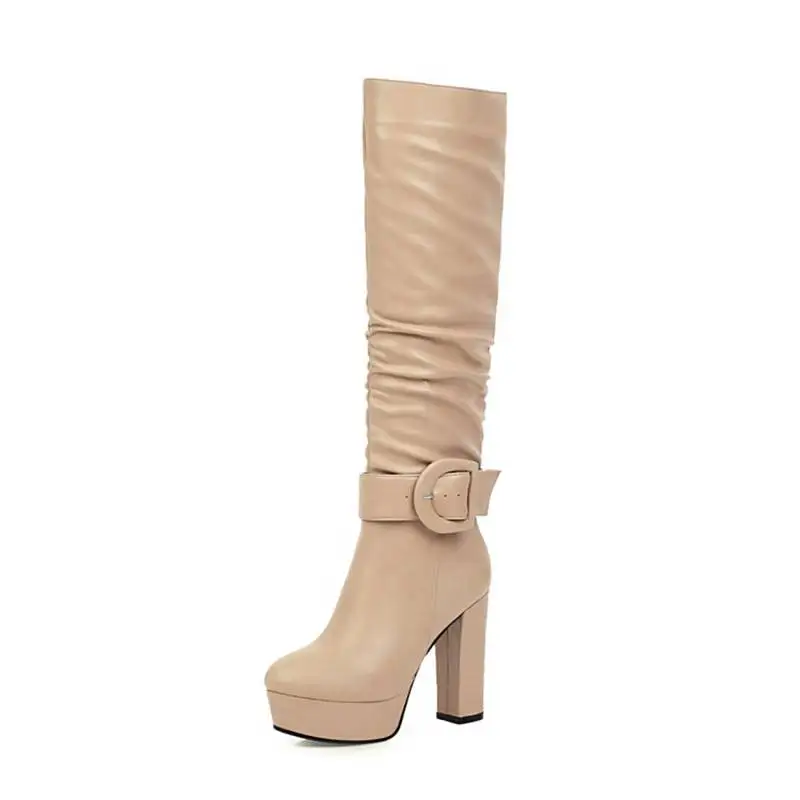 ORCHA LISA Pointed Toe Square Thick Heels Platform Women Knee Boots Pull On Big Bukle Pleated Boots Big size 32-46 Autumn Casual