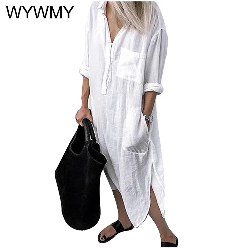 

WYWMY Women Autumn Lapel Long Sleeve Shirt Dress Cotton Sexy Split Dresses Elegant Solid Work Office Vestidos Female Tunic Robe