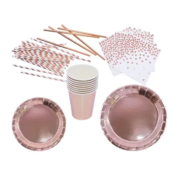 

Rose Gold Party Disposable Plates Cups Napkins Straws Party Supplies Wedding Birthday Disposable Tableware Baby Shower Supplies