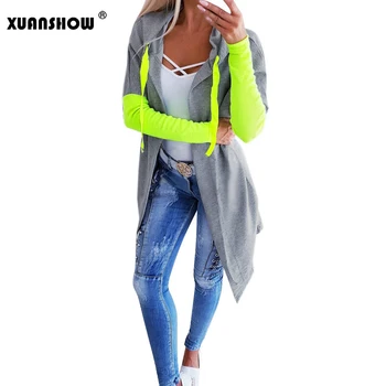 

XUANSHOW New Arrival Autumn Hoodies Open Stitch Women's Jackets Fashion Fluorescent Green Pink Patchwork Long Female Coat Mujer
