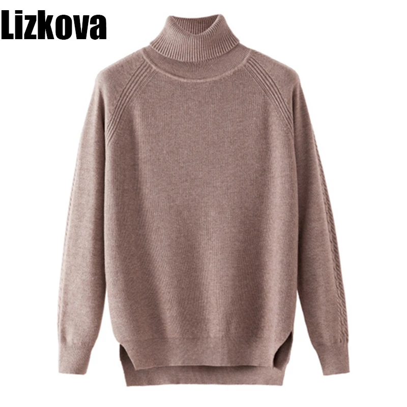 

Autumn Winter Female Solid Color Turtleneck Pullover Sweater Loose Sweater Slit Design