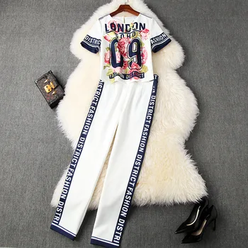 

Women tops and pants two piece set new 2020 summer floral letters print short sleeve t-shirts + side striped trousers white