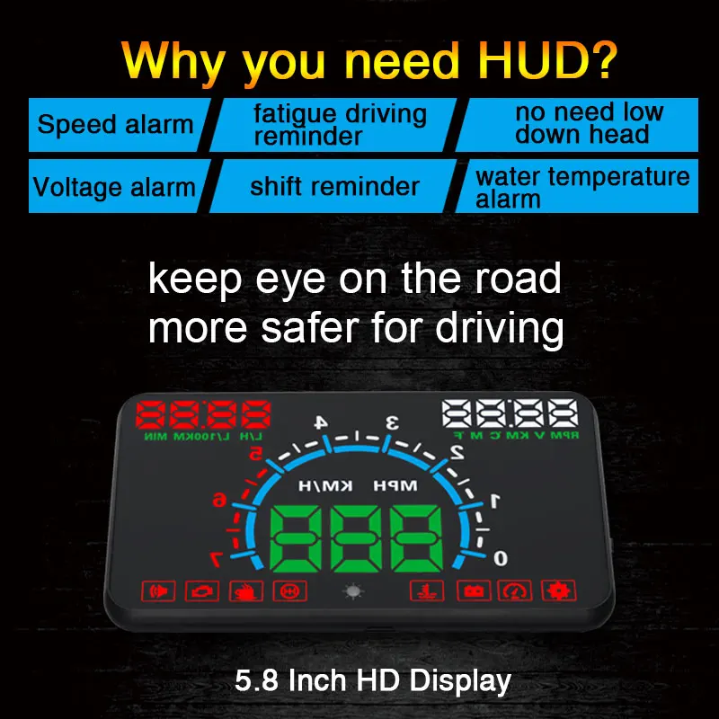 

Car Universal HUD Head Up Display OBD2 Head-Up Speed Projector Safe Driving System Security Alarm Water temp Overspeed RPM