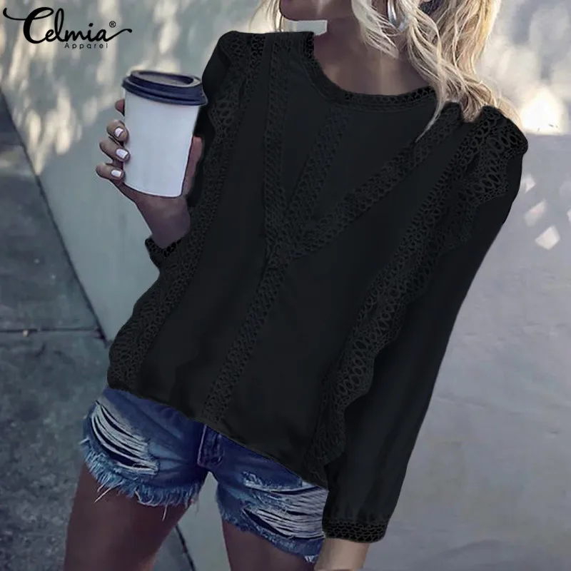 

S-5XL Women Vintage Blouse Celmia 2019 Autumn Long Sleeve Lace Tunic Tops Plus Size O-Neck Ruffles Shirt Elegant Party Blusas