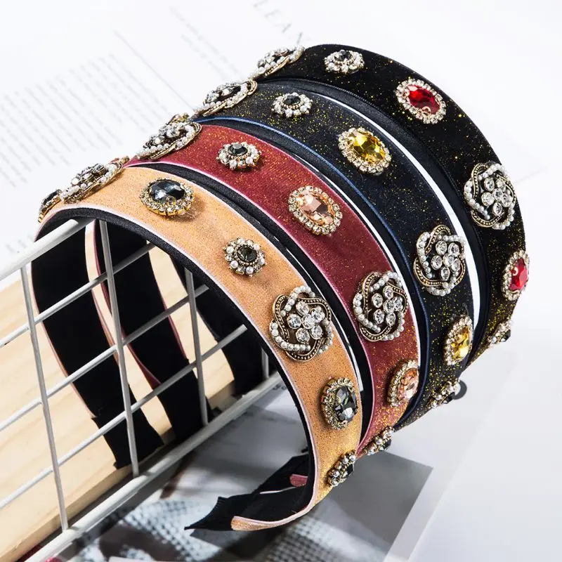 Women Flannel Flower Pattern Headband Imitation Diamond Pearl Hair Hoop Decor