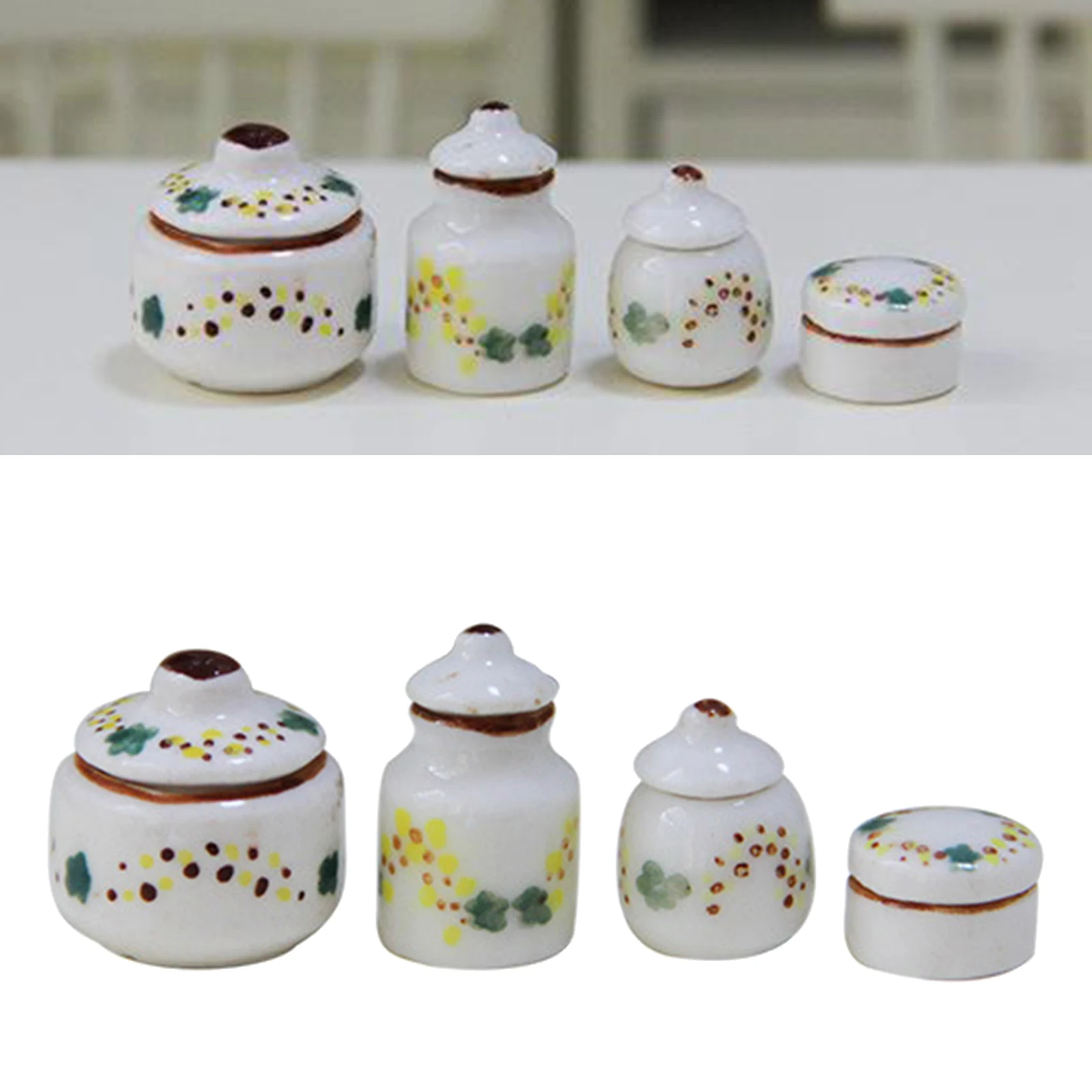 4PCS 1/12 Dollhouse Miniature White Porcelain Pots Cans Kitchen Seasoning Jar Ceramic Tableware Dollhouse Accessories