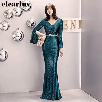 

Long Sleeves Mermaid Dress Green Sequins Evening Dresses DX315 2020 V-Neck Robe De Soiree Plus Size Elegant Long Slim Party Gown