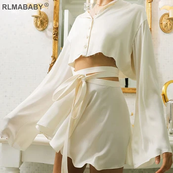 

RLMABABY 2 Piece Set Women Satin Dress Button Flare Sleeve Bandage White Bodycon Dress Outfit Casual Beach Party Sexy Dress Set