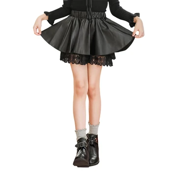 

black faux leather skirt age for 3 - 12 years baby girls lace warm skirts autumn winter children skirts