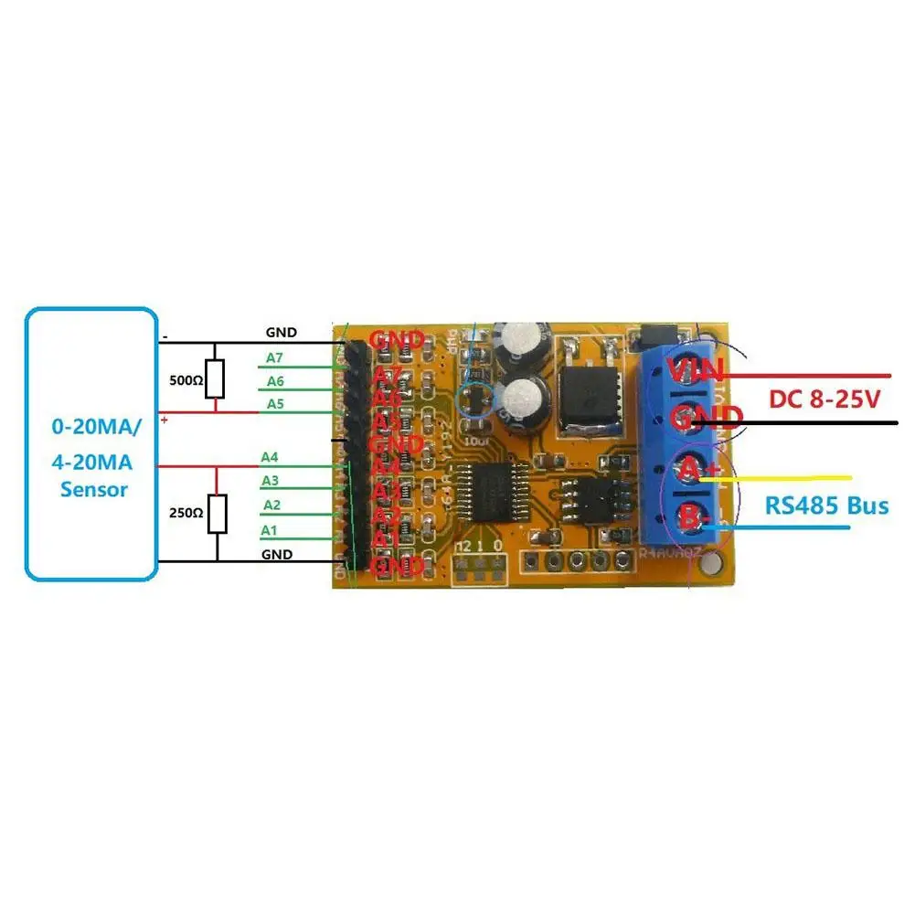 R4AVA07 7 канальный аналоговый коллектор напряжения RS485 ADC Modbus RTU 03 06 функциональный