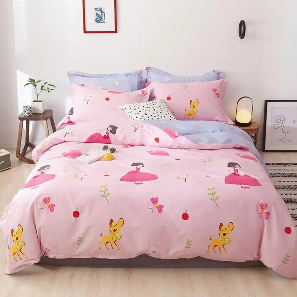 

2019 Pink Girl Deers Flowers Duvet Cover Set Flat Fitted Sheet Cotton Bedlinens Hypoallergenic Twin Queen King Bedlinens