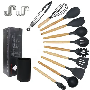 

11 Pcs Cooking Kitchen Utensils Set Silicone Kitchen Tools Spatula Kitchen Utensils Set Wooden Nonstick Spoon Tongs