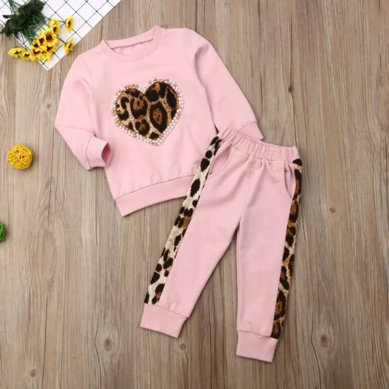 Baby Girl Clothes Sets Spring Toddler Kids Pink Long Sleeve Leopard Tops Long + Long Pants 2 PCS Outfit Tracksuit 12M-6Y A0015