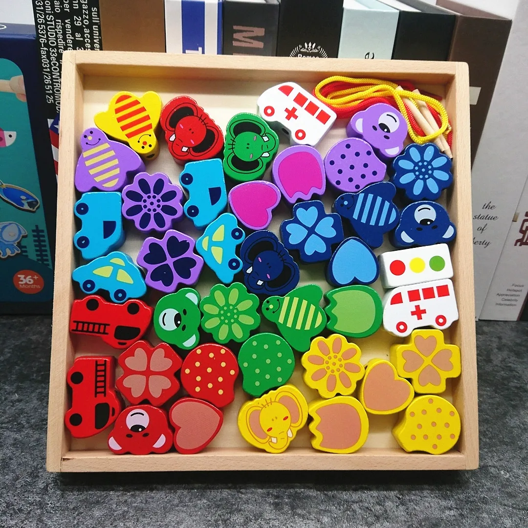 

Children Wood Large Particles Beaded Bracelet Bead-stringing Toy Threading Toy Educational Force Building Blocks 1-3-6 a Year of