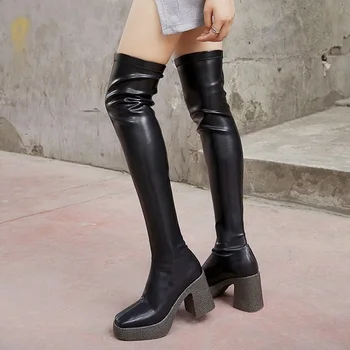 

shoes woman autumn winter fashion elastic patent leather ankle boots for women high heels black nude thick platform riding boots