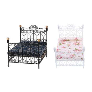 

2 Pcs 1: 12 Dollhouse Miniature Bedroom Furniture Metal Bed with Mattress Accessory Toy , White & Black