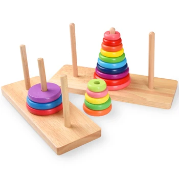 

Candice guo wooden toy wood Hanno tower Hanoi game circle pillar logic play hand brain train rainbow color style 10/8storeys 1pc