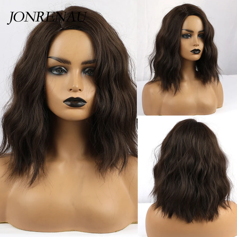 Big Deal Synthetic-Wigs Wave-Hair Short Side-Bangs Dark-Brown JONRENAU Natural High-Quality Women KJnQaBp8B