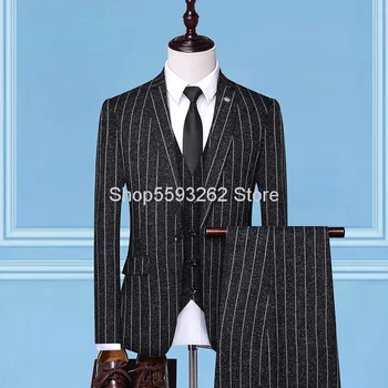 

2020 Men Suit Suit Male Three-piece Set Wedding Service Hall Leisure Stripes Suit Male Fashion
