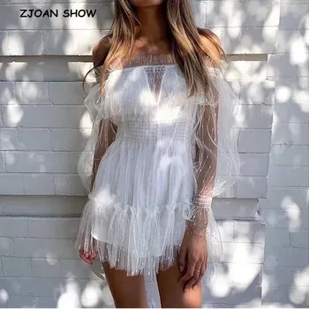 

2020 Sexy Lace up Slash Shoulder White Lace Mesh Bodysuits Women Splice Ruffle Long Sleeve Short Pants Jumpsuits Romper Overalls