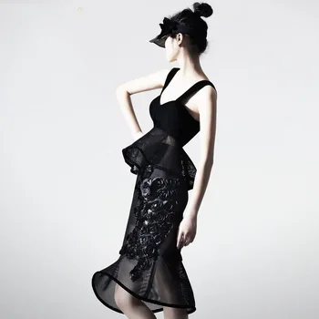 

Sexy Spaghetti Strap Cutout Net Top and Fish Tail Flowers Skirt Bud Skirt Women Clothing Set