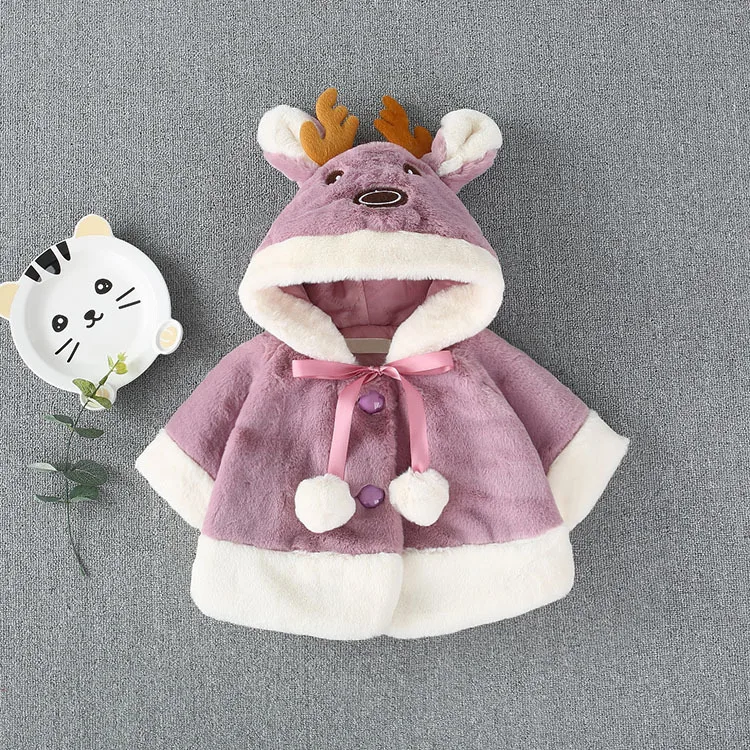 Фиолетовый Платье героини мультфильма для желтовато-коричневый свитер осень-зима Рождественский плащ пончо детская Пернатый накидка с шаром для маленьких девочек плащ-накидка с изображением лося для девочек пальто-накидка - Цвет: Фиолетовый