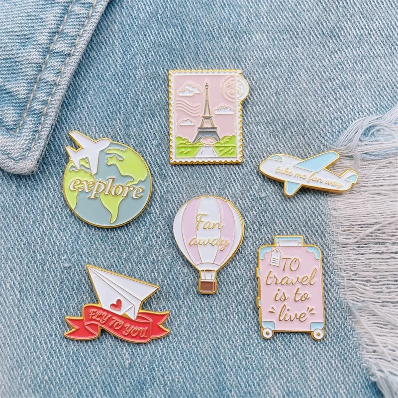 Cartoon Cute Pink Love Heart Airplane Earth Enamel Pins Stamps Suitcase Hot Air Balloon Alloy Brooch Badge Fashion Jewelry Gift