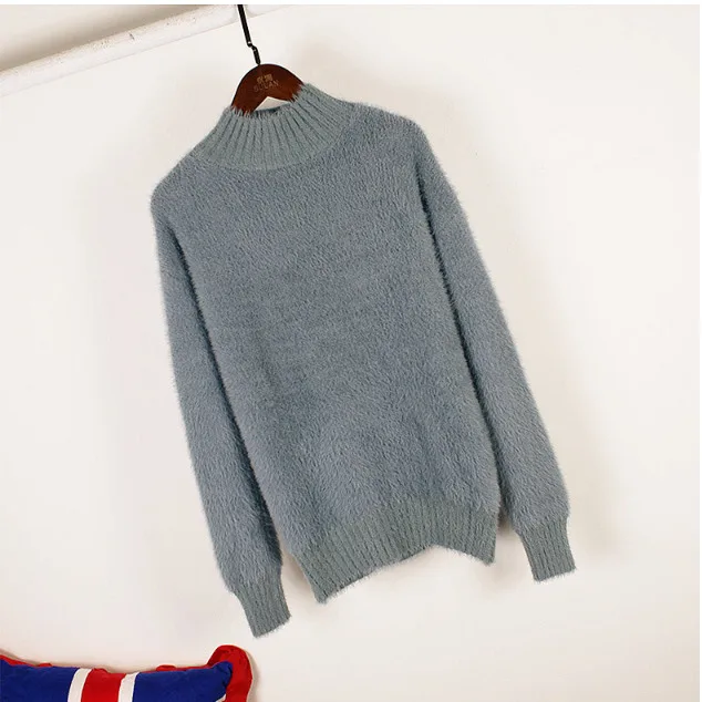 Осень элегантный светло-голубой Пушистый свитер женский круглый вырез норки кашемир вязаный пуловер свитер