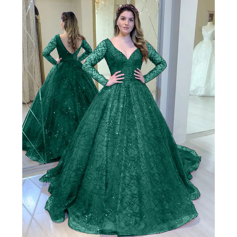 Green Shinny Wedding Party Dresses 2022 Lady V Neck Long