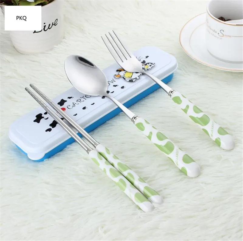 3 шт./компл. Милая мультяшная керамическая ручка из нержавеющей стали столовый набор из вилок для ложки и палочек портативная детская посуда - Цвет: Зеленый