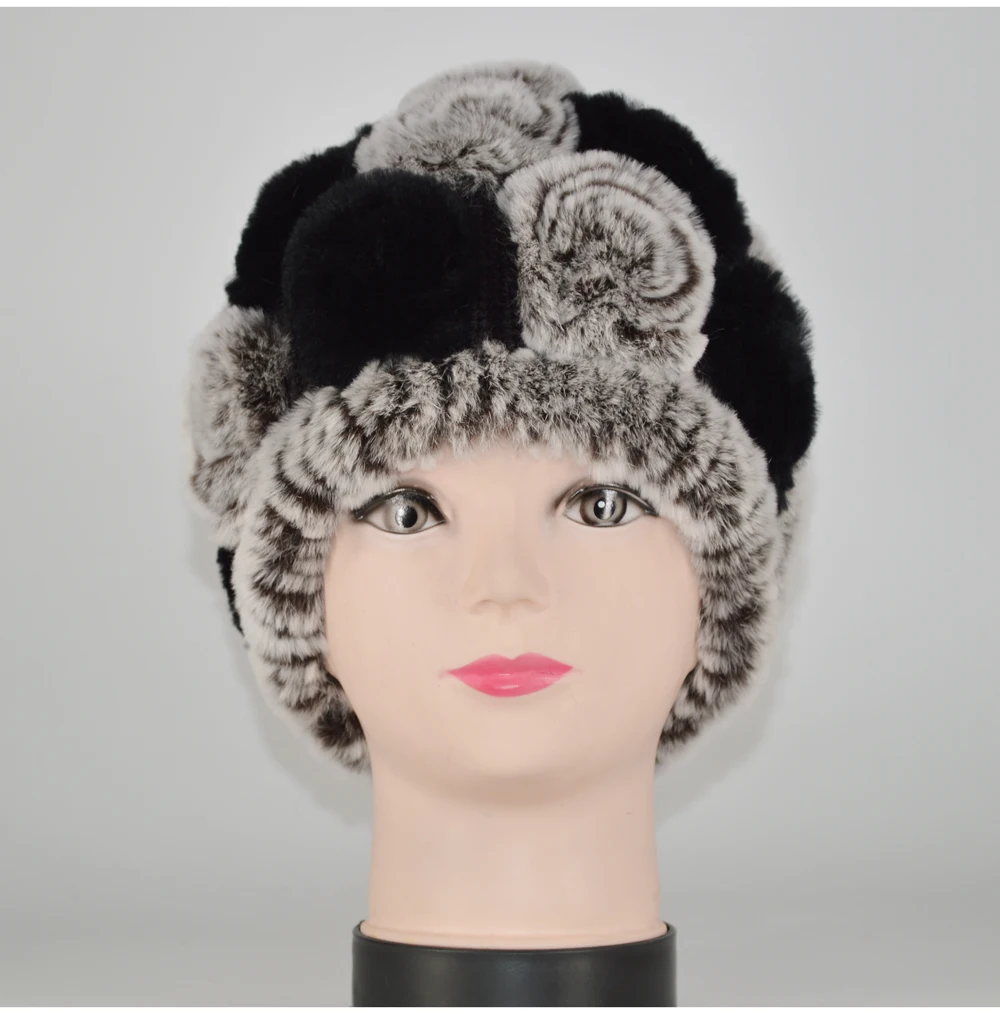 Winter Rex Rabbit Fur Hat Women Knitted Natural Rex Rabbit Fur Flowers Beanies Hats Warm Soft Real Rex Rabbit Fur Caps