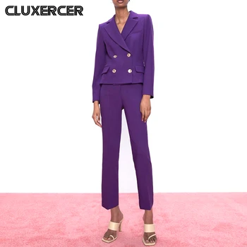 Женский короткий двубортный пиджак с длинным рукавом и брюки, элегантный офисный брючный костюм из 2 предметов