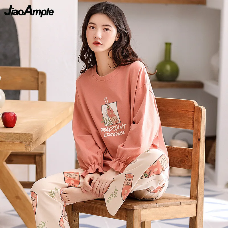 

Пижама из 100% хлопка, Новинка осени 2021, брюки с круглым вырезом и длинными рукавами, пижамный комплект из двух предметов, женская одежда для сна, пижама, домашний костюм