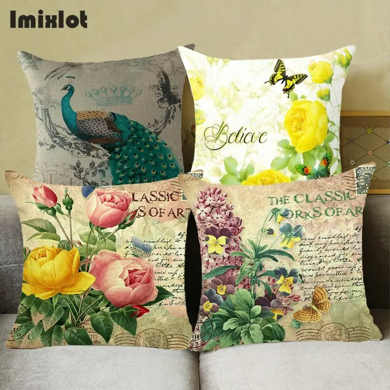 Fashion Cotton Linen Cushion Cover Peacocks Flower Pattern Throw Pillow Cover for Sofa Decorative Pillowcase 45x45 Home Decor