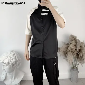 

INCERUN Patchwork Men Shirt Vintage Half Sleeve Lapel Button Summer Streetwear Tops Camisa Korean Chic 2020 Men Shirts Plus Size