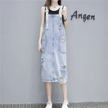 

#2738 Summer Overalls Denim Suspender Dress Pockets Vintage Holes Denim Dresses Women Split Loose Sleeveless Jeans Dresses 2020