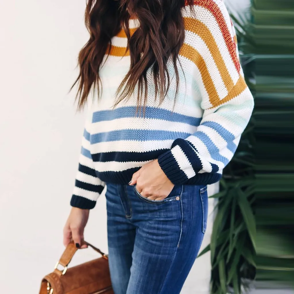 

Stylish Bar Women's Sweaters Long Sleeve Crew Neck Striped Color Block Knitwear Casual Loose Knitted Pullover Sweater Tops 2019