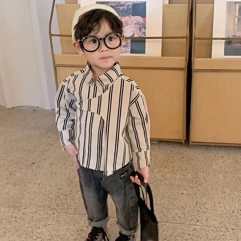 Children'S Shirts Boys' Baby Autumn Clothes Children'S Tops Spring Vertical Strips Stitching Design Boys' Long-Sleeved Shirts