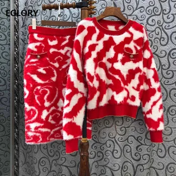 

Two Piece Sweater Suits 2020 Spring Autumn Knitwear Women Geometric Patterns Knitted Pullovers+Mid-Calf Knitted Skirt Set Casual