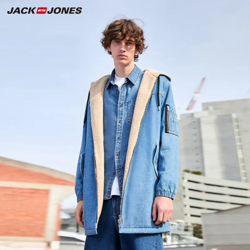 Мужская джинсовая куртка JackJones стильная средней длины с капюшоном из берберского