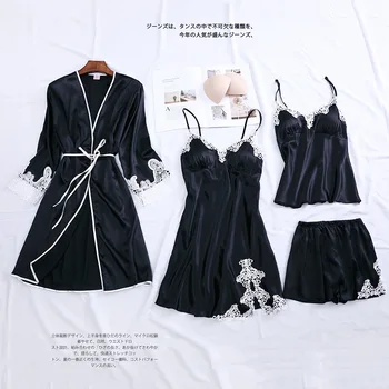 

Women Sexy Kimono Bathrobe Gown Nightwear Satin Bride Bridesmaid Wedding Robe 4PCS Sleep Suit Casual Sleepwear Intimate Lingerie