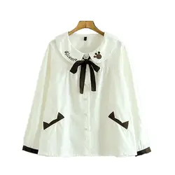 MERRY довольно для женщин Письмо Вышивка Блузка Элегантный дизайн с длинным рукавом хлопковые рубашки Мода Лук отложной воротник белый то